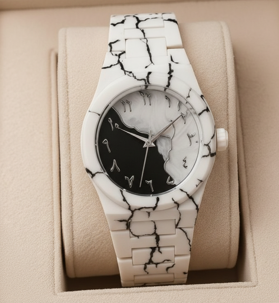 Arabic Aura Monochromatic Marble Watch – Modern & Stylish